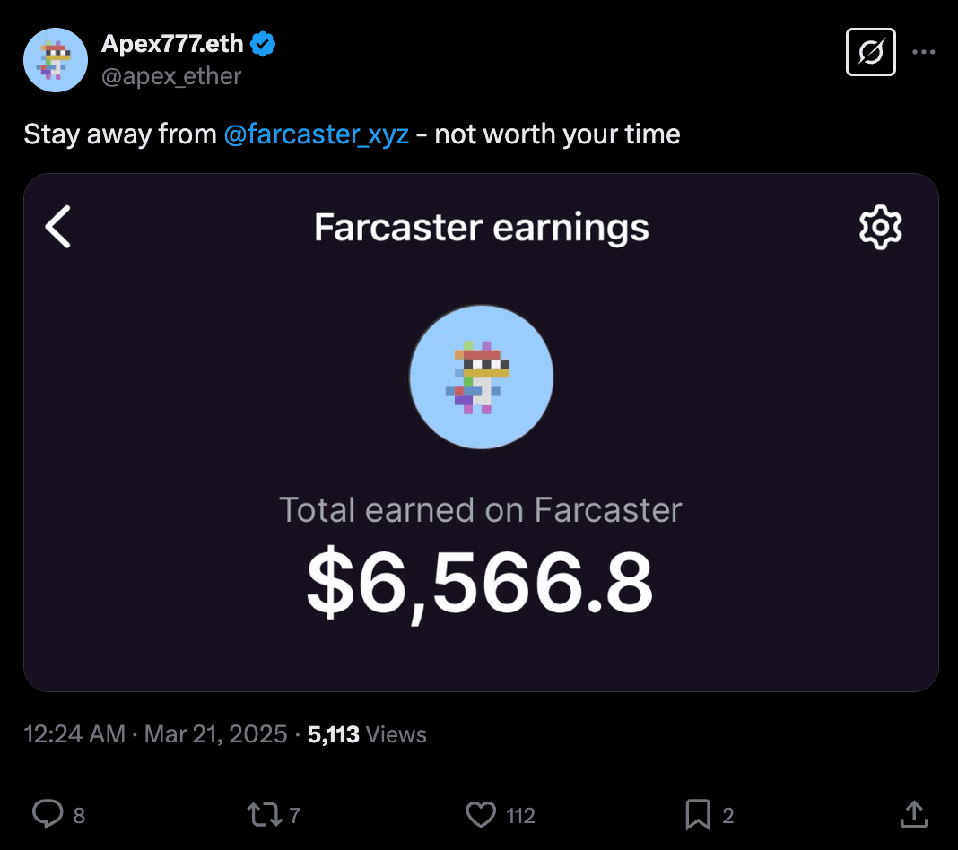 Apex777.eth's earnings on Farcaster